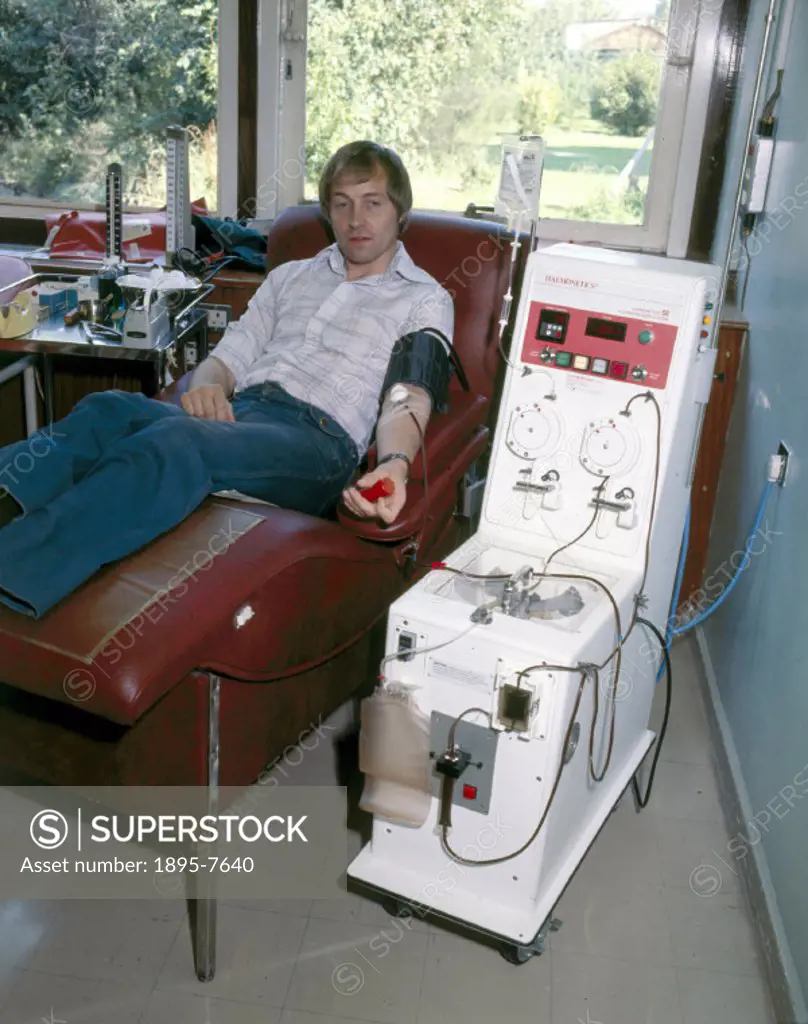 A blood donor connected to the haemanetic plasmapharesis system at the North London Blood Transfusion Centre.