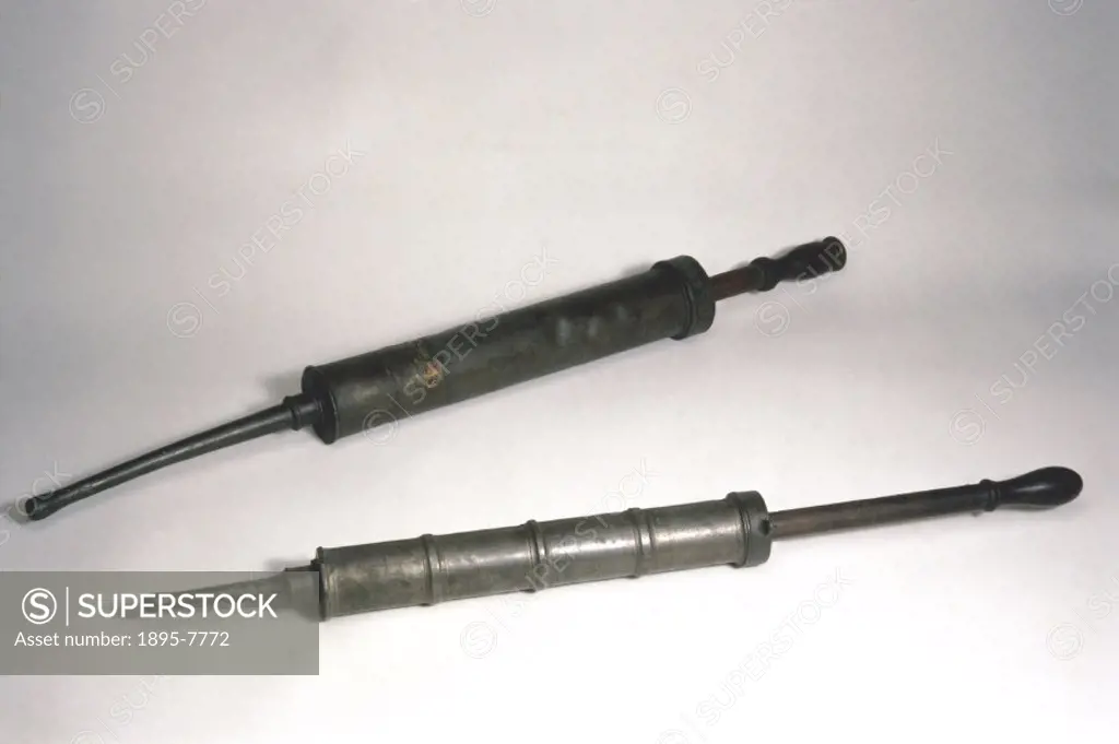Clyster pumps or syringes, probably British, for injecting liquid into the rectum.
