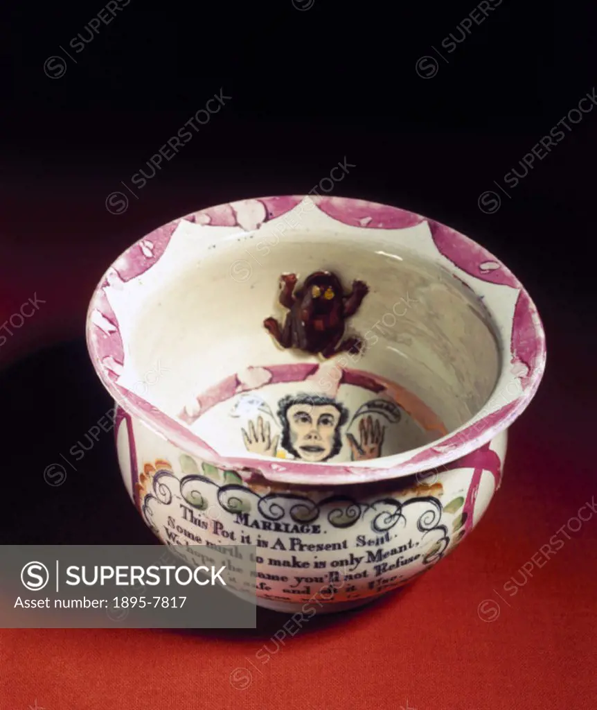 Chamber pot, 19th century. The inside has a man´s face and a moulded frog or toad. The outside bears a rhyme entitled ´Marriage´ as follows: ´This pot...