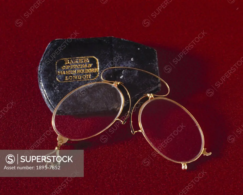Gold and tortoiseshell folding spectacles in a black leather case, made by Baker, an optician in Holborn, London. Spectacles have been used in the Wes...