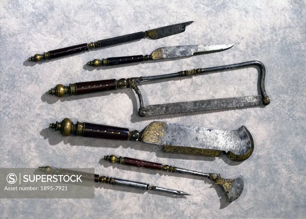 This highly decorated set of steel instruments was probably used for carrying out amputations and for cutting up deer killed by hunting. In the 16th c...