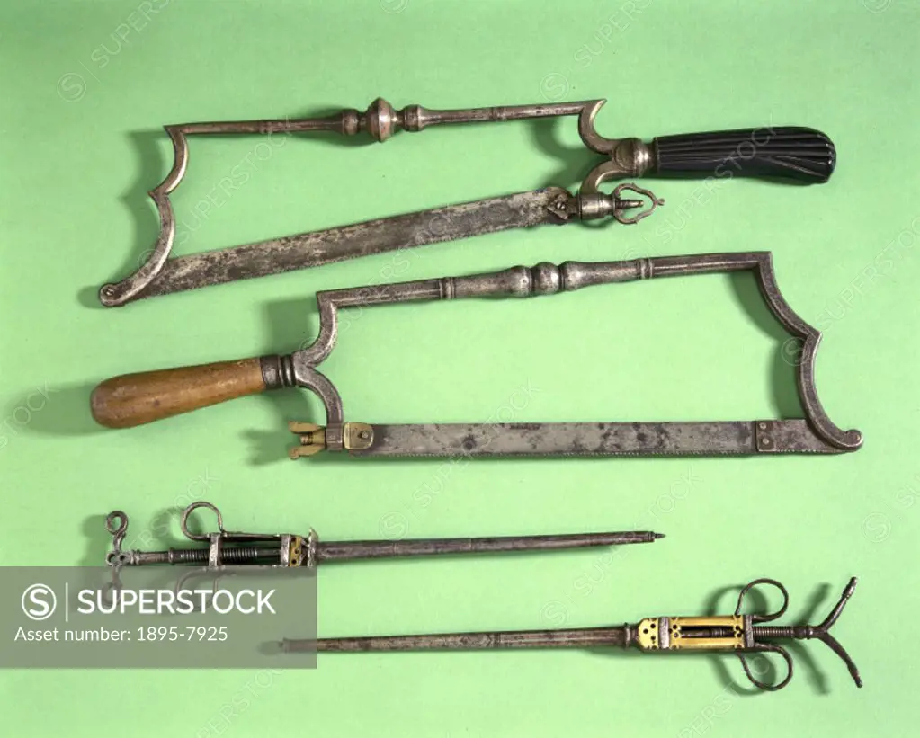 The first bow frame is an ornate version by Lesueur, France, c 1700, the other saw is by Muller, Germany, c 1700. The first bullet extractor is possib...