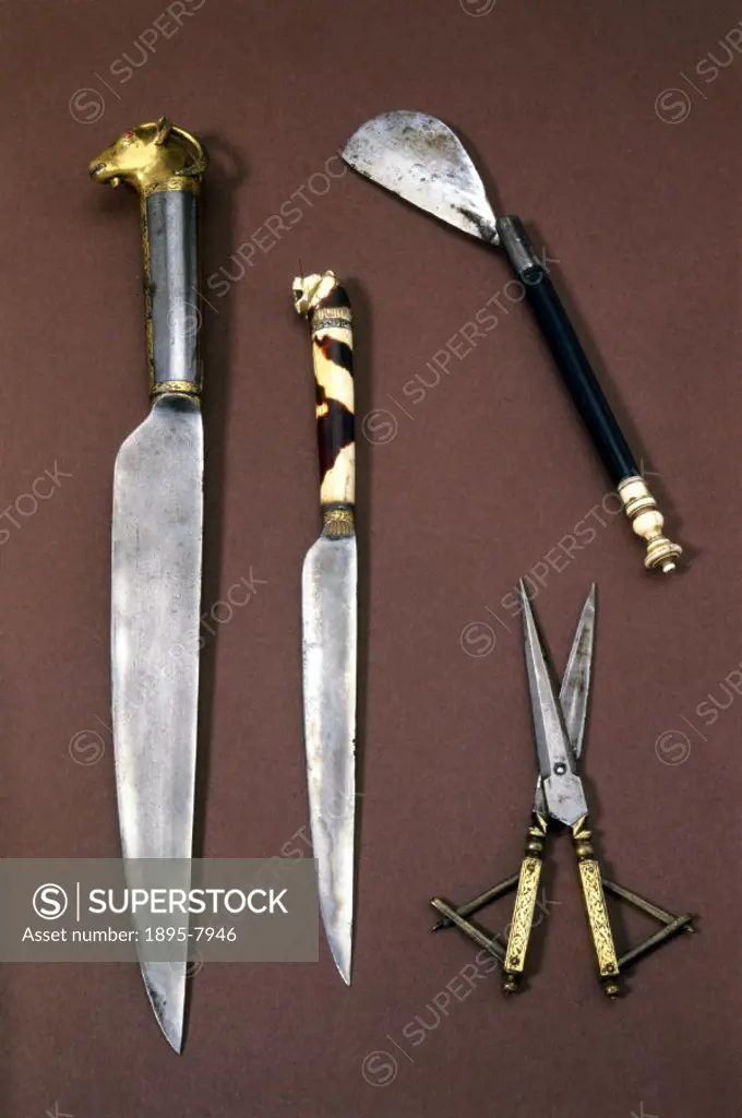 ´A set of surgical instruments consisting of: two surgical knives, one with an ivory handle decorated with a lion head motif, the other with a metal h...