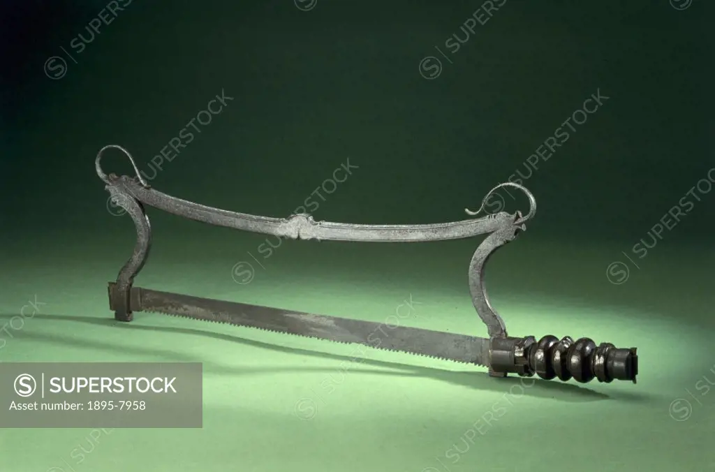 An amputation saw, made of wood and metal. Prior to the invention of antiseptics, amputation was often the treatment of first rather than last resort,...