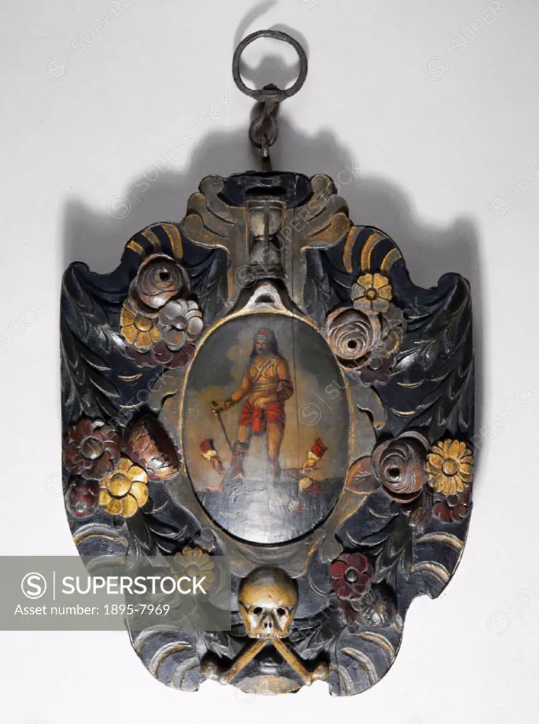 Painted wooden sign illustrated with a bloodletting scene, which was probably designed to be hung outside a barber-surgeon´s shop. After a plague outb...