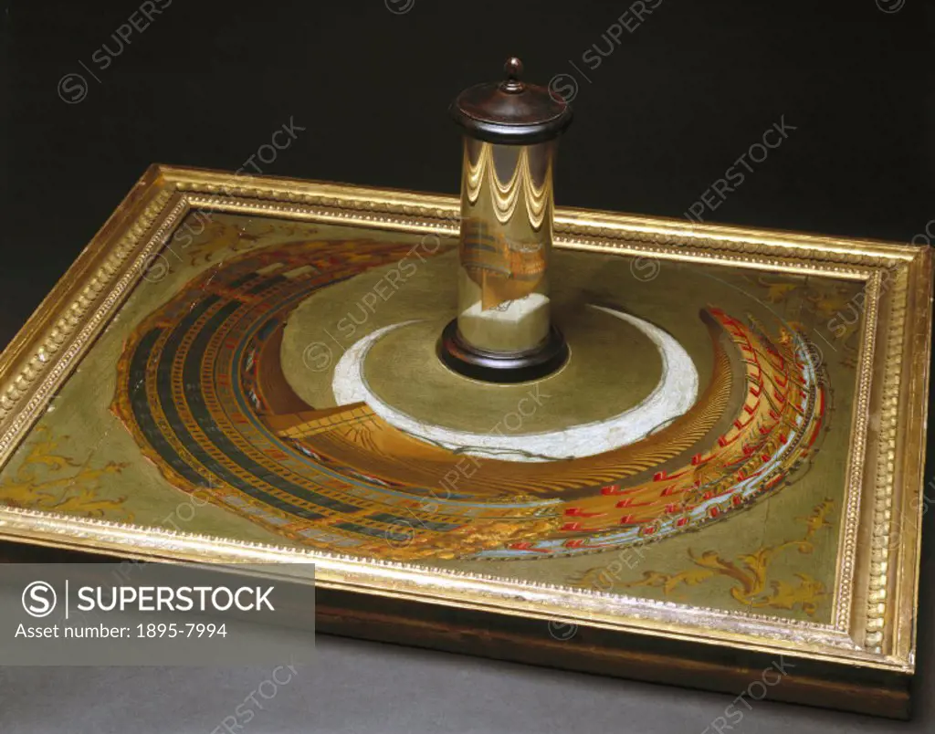 An anamorphic painting, a composition that can only be viewed with a special mirror that restores the deformed image. This example was originally attr...