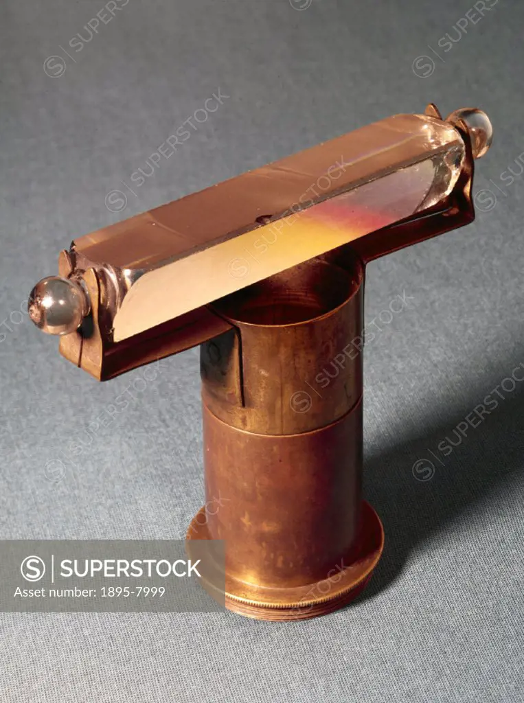 Glass prism, mounted at end of a brass tube, used by Sir William Herschel (1738-1822) in experiments on thermal radiation in the solar spectrum. Hersc...