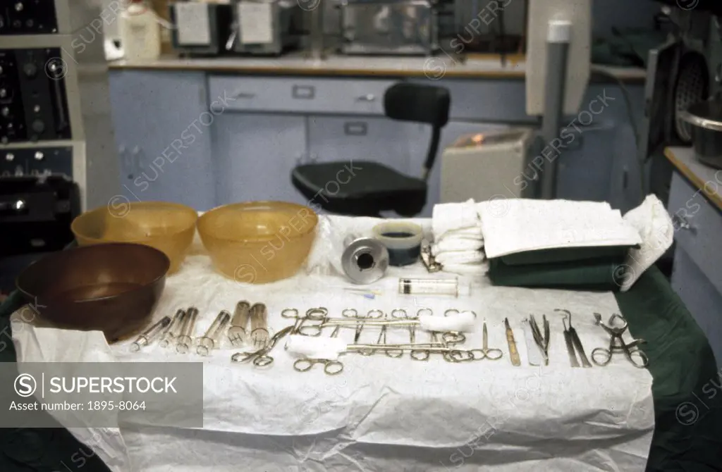 Surgical instruments laid out on a table in the operating theatre at St George´s Hospital during open heart surgery. The operating theatre at St Georg...