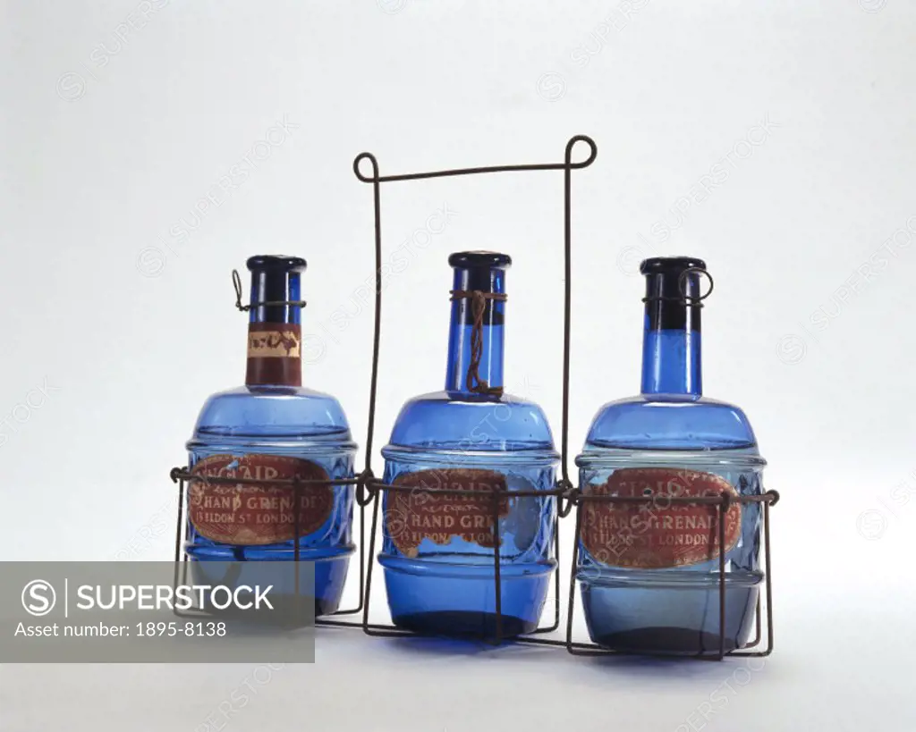 These glass fire grenades contained chemicals which were thought to assist in extinguishing fire. The bottles functioned as fire extinguishers and wer...