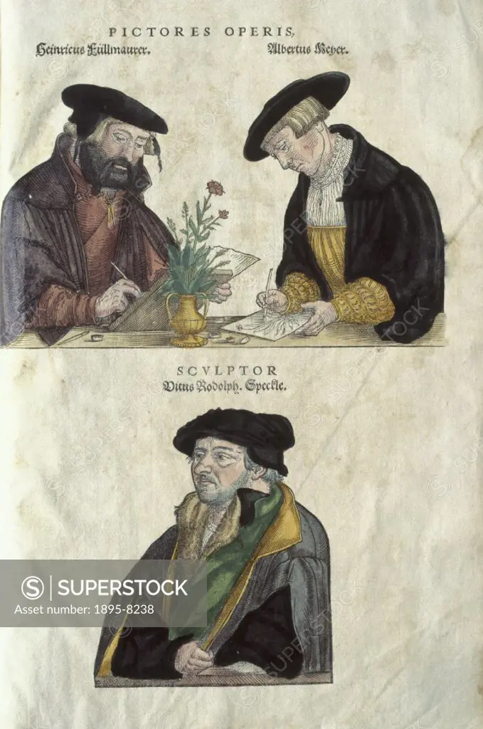 Portraits from Leonard Fuch´s herbal, ´De historia stirpium´, 1545, showing the artist, Albrecht Mayer (who drew the plants from nature), Veil Rudolph...