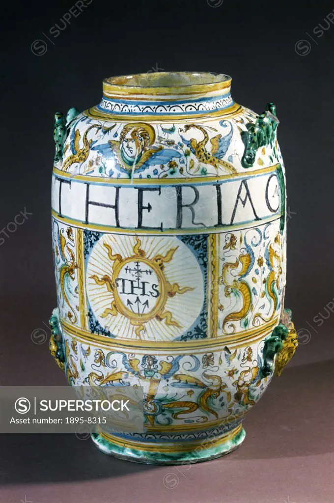 Tin-glazed earthenware drug jar (or albarello) from Rome or Deruta, used by the Jesuits and intended for storing theriac. Theriac was an electuary (me...