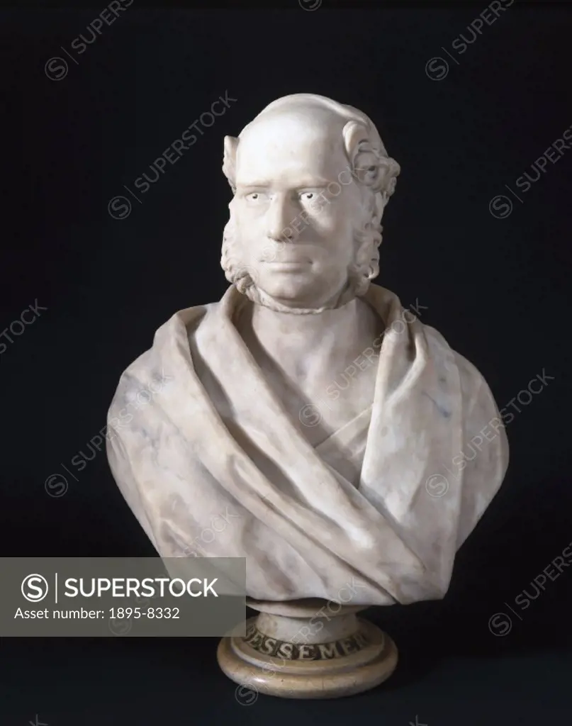 Sculptured bust. Bessemer (1813-1898) learned metallurgy working in his fathers foundry. In 1856, in response to demand for stronger cannon able to f...