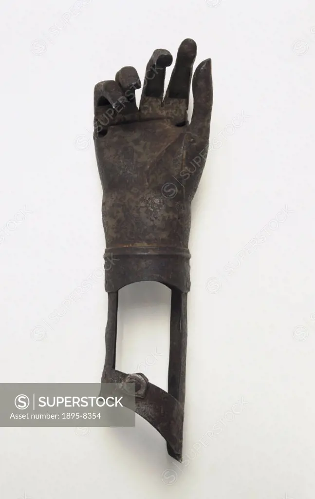Artificial iron arm, for left hand below-elbow amputee. Artificial limbs such as these were expensive items made by armourers, and they allowed wearer...