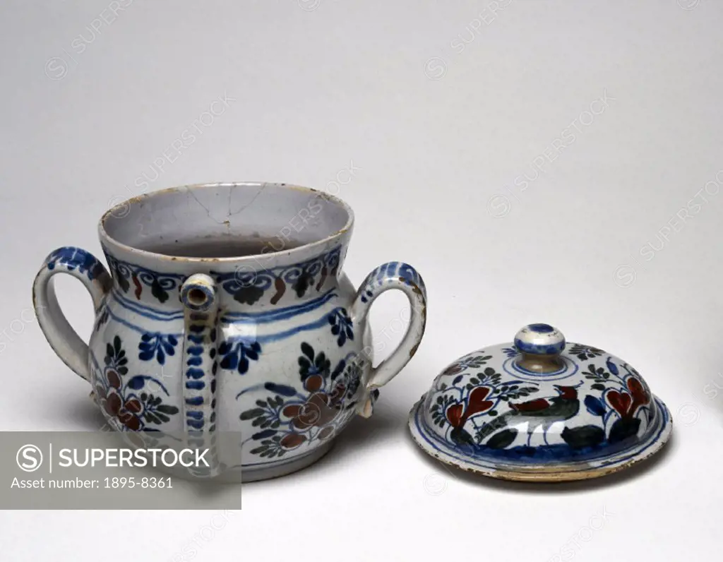 A tin glazed earthenware pot with a polychrome floral motif. Posset was an easily digested, nourishing drink or soup based on hot milk curdled with al...
