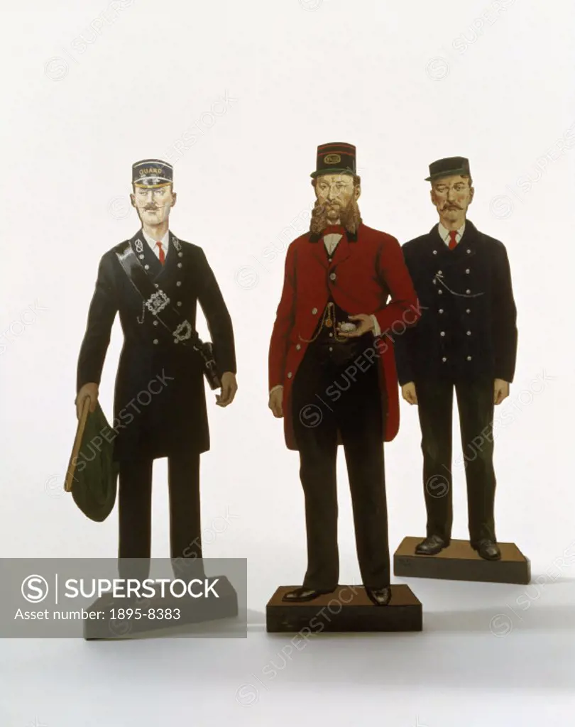 Three model figures of railwaymen, (scale 1:4). A Stockton & Darlington railway guard c 1860, a London and South Western railway signalman c 1892, and...