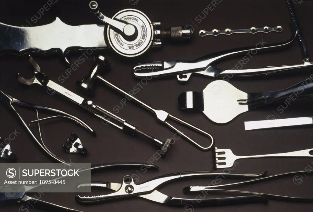 A group of miscellaneous surgical instruments used for amputations and treating fractures, made by Zimmer Manufacturing Co and others, United States.