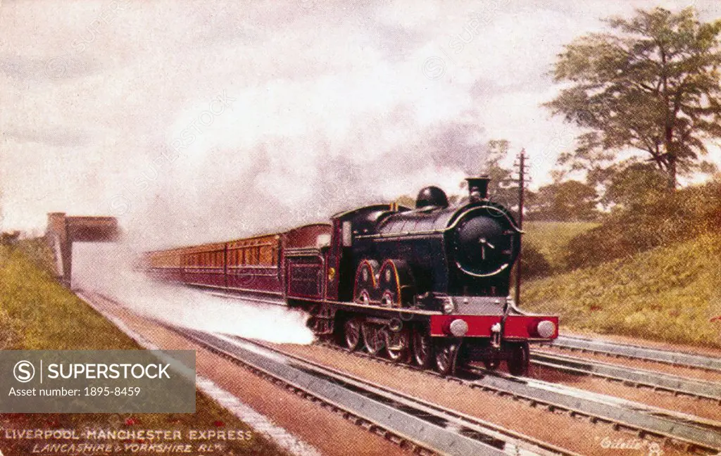 Postcard showing a steam locomotive hauling the Liverpool-Manchester Express on the Lancashire & Yorkshire Railway.