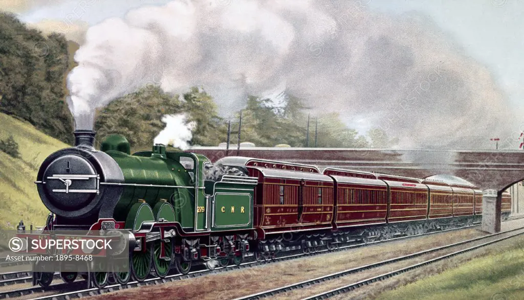 Postcard showing Great Northern Railway (GNR) 4-4-2 locomotive no 279 pulling an East Coast Express train.