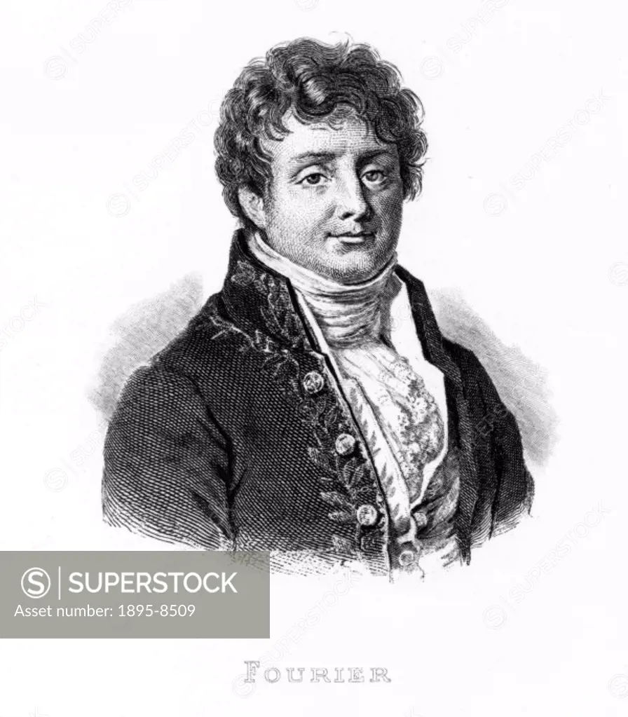 Engraving. Baron Jean Baptiste Fouriers (1768-1830) work included the discovery of the Fourier series and the Fourier Integral Theorem. Taken from Fo...