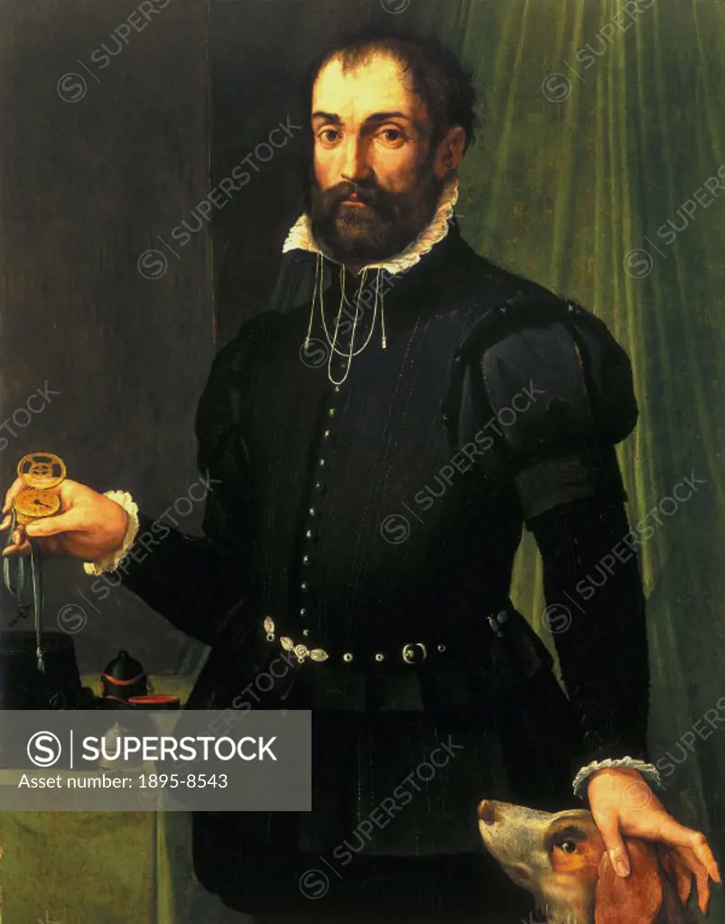 Oil painting on wood panel attributed to Tommaso Manzuoli (Maso da San Friano). The watch the man is holding is spring-driven with a single hour hand ...
