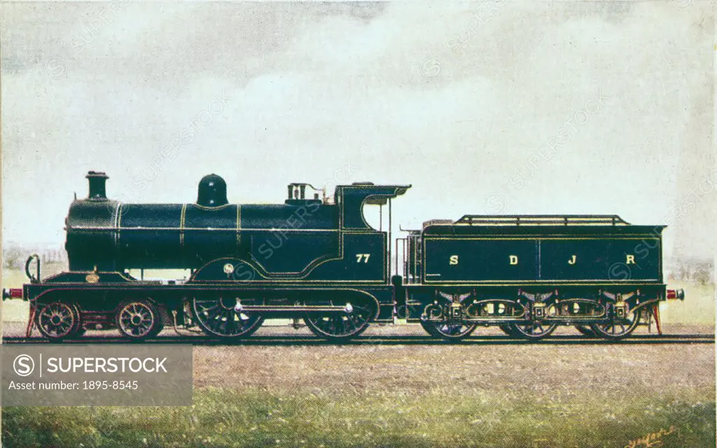 Postcard, after a painting by F Moore, showing a steam locomotive and tender of the Somerset & Dorset Joint Railway. F Moore was the collective name o...