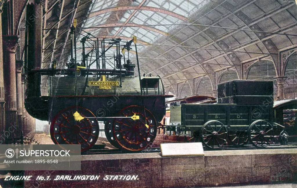 Postcard showing ´Locomotion´ on display at Darlington Bank Top Station. Locomotion was built for the Stockton & Darlington Railway under the directio...