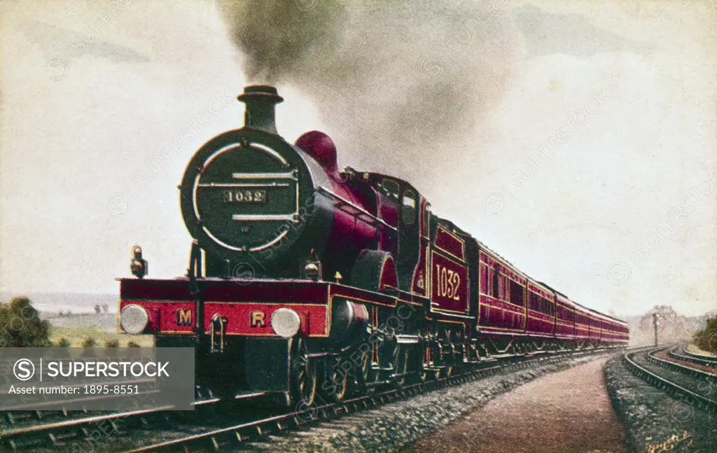 Postcard showing Midland Railway (MR) compound 4-4-0 passenger locomotive no 1032 heading an express train.