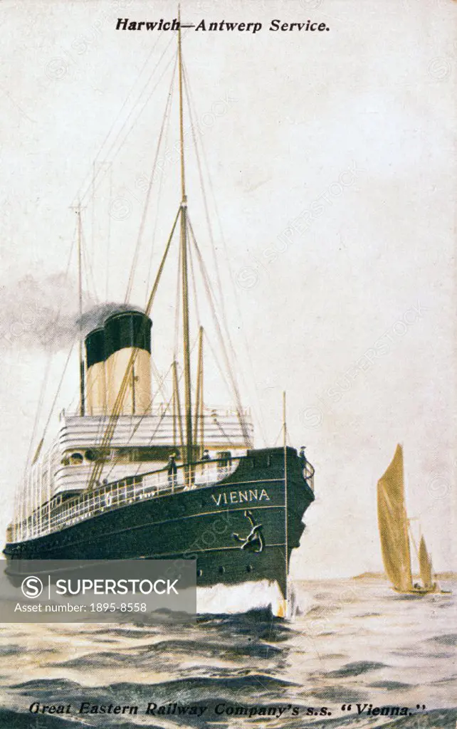 Postcard showing the SS Vienna’ on the Harwich to Antwerp service. Many British railway companies ran ferry services to the continent. The Great East...
