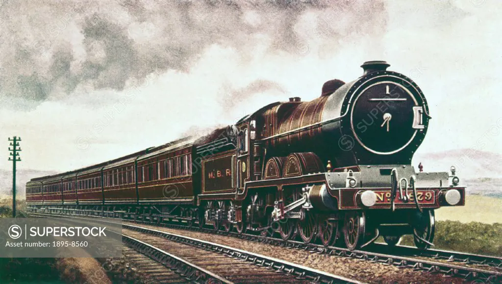 The Norfolk Express´, GER steam locomotive hauling a ten-carriage train, c 1913. Reproduction of a painting signed ´F Moore´, published in ´The Railwa...