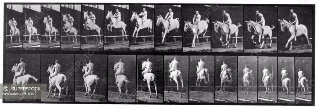 Horse and nude male rider jumping a fence, c 1872-1885. Plate 647 from Muybridge´s ´Animal Locomotion´ (1887). Eadweard Muybridge (1830- 1904) was the...