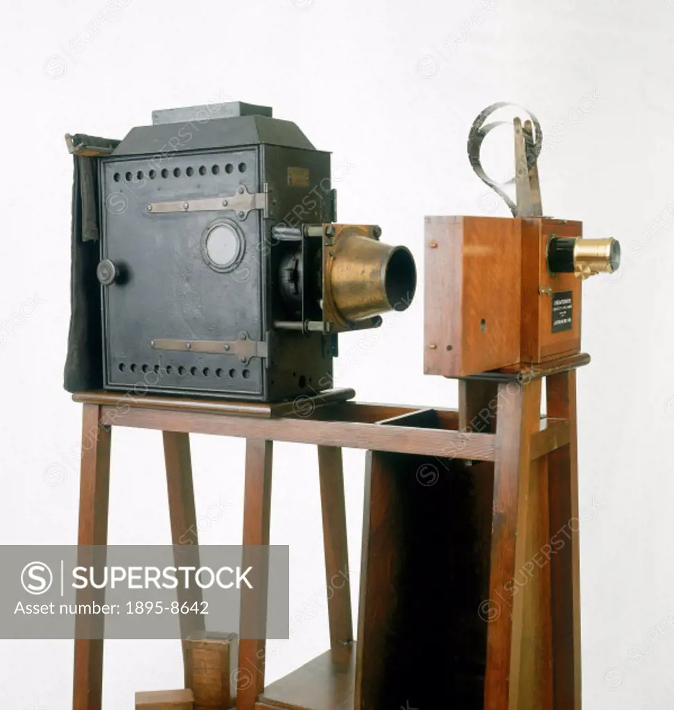 The Cinematographe, invented by Auguste (1862-1954) and Louis (1864-1948) Lumiere, was a combined camera, projector and printer. Here, it is set up fo...