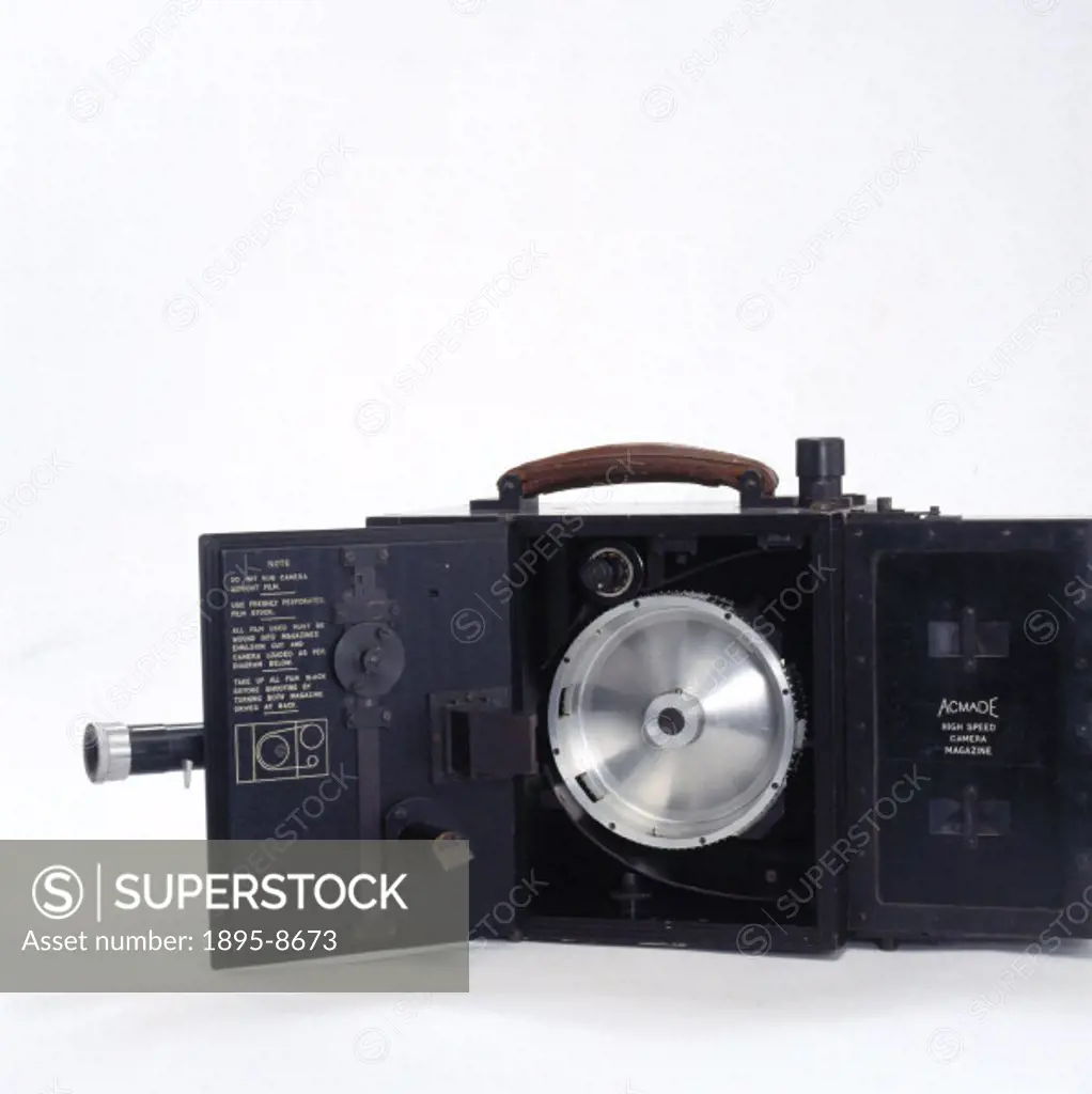 Acmade high speed cine camera, c 1950. This camera was manufactured in limited numbers by the British firm Acmade and was capable of recording images ...