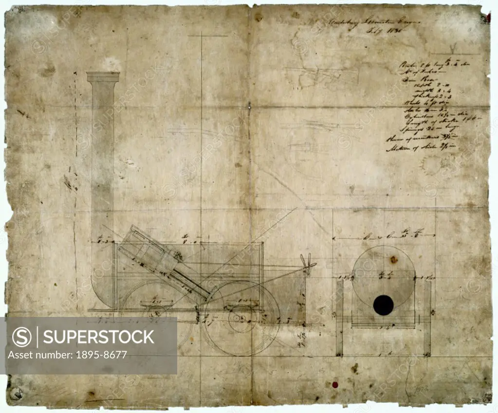 Drawing, dated July 1830, of a steam ´locomotion engine´ designed by Robert Stephenson (1803-1859), possibly for the Canterbury and Whitstable Railway...