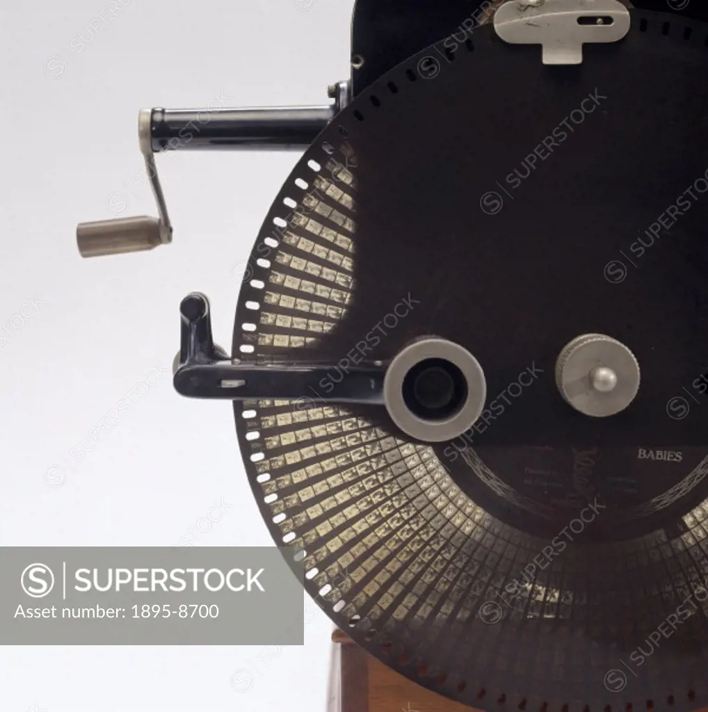 Spirograph projector, 1923. Detail of film disc. Originally designed in 1913 but not marketed by Charles Urban (1987-1942) until 1923, the Spirograph ...