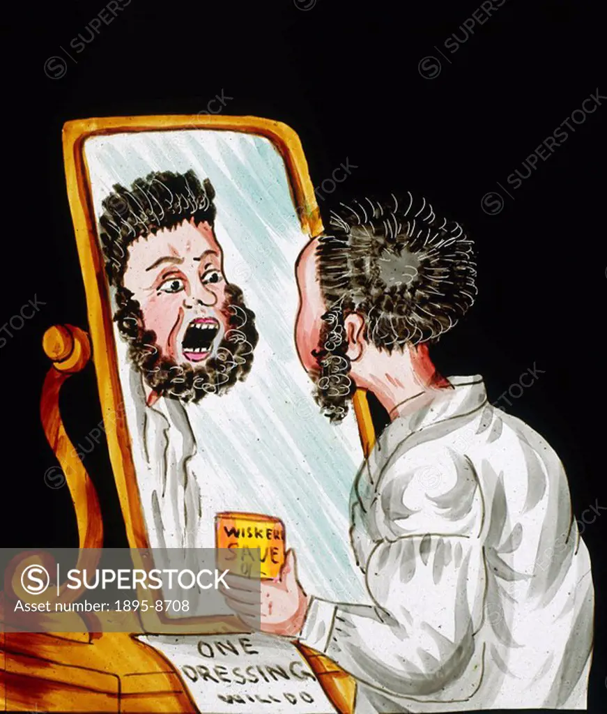 A bearded man after using hair restorer, magic lantern slide, 19th century  A shocked man looks at his reflection in a mirror, holding a tin of hair r...