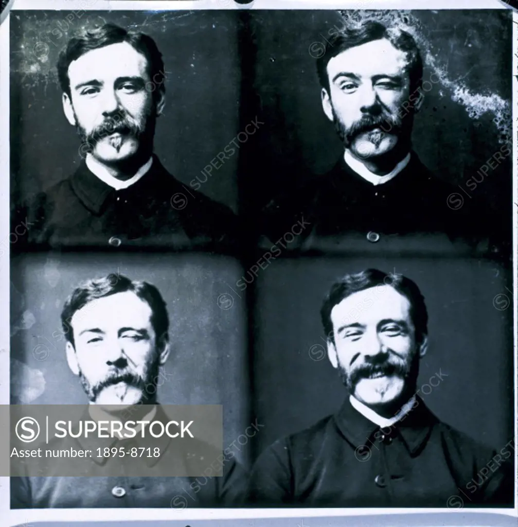 William Friese Greene, self portrait, c 1890.A series of facial expressions by Friese Greene (1855-1921), camera manufacturer and photographer, posing...