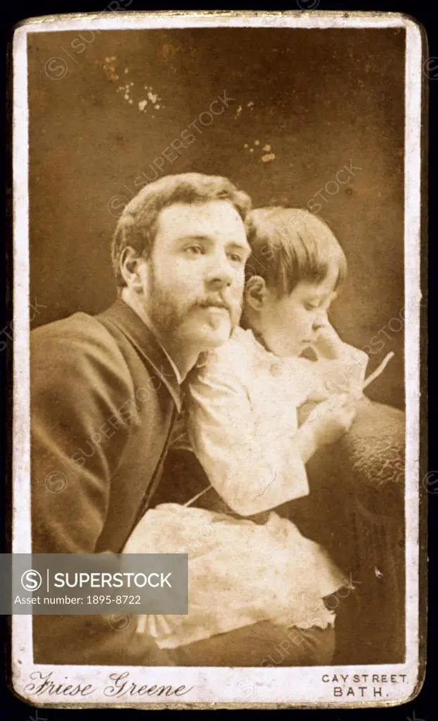 Carte de visite self-portrait photograph with his daughter Ethel, taken during the time Friese-Greene (1855-1921) ran a portrait studio in Gay Street,...