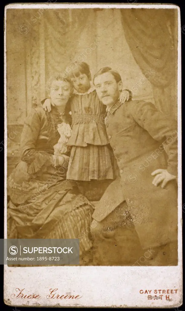 Carte de visite self-portrait photograph with his first wife, Helena (died 1895) and their daughter Ethel, taken during the time Friese-Greene ran a p...