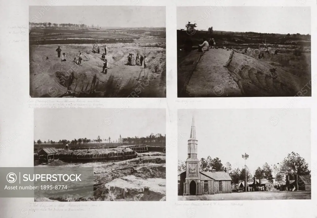 Clockwise from top left: crater, Confederate lines, Petersburg, edge, looking into crater, Poplar Grove Church built by Federal engineers, Federal For...