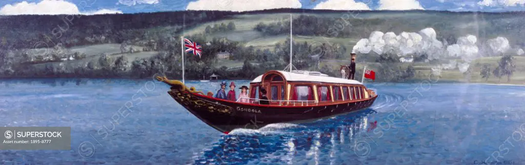 Original painting by Cuthbert Hamilton Ellis for a British Railways (BR) London Midland Railway (LMR) carriage print showing the Furness Railway steam...