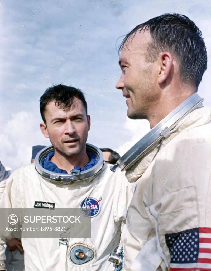 Dressed in spacesuits, Young and Collins are training for their flight which was launched on the 18th July 1966. Gemini 10 made 43 orbits of the Earth...