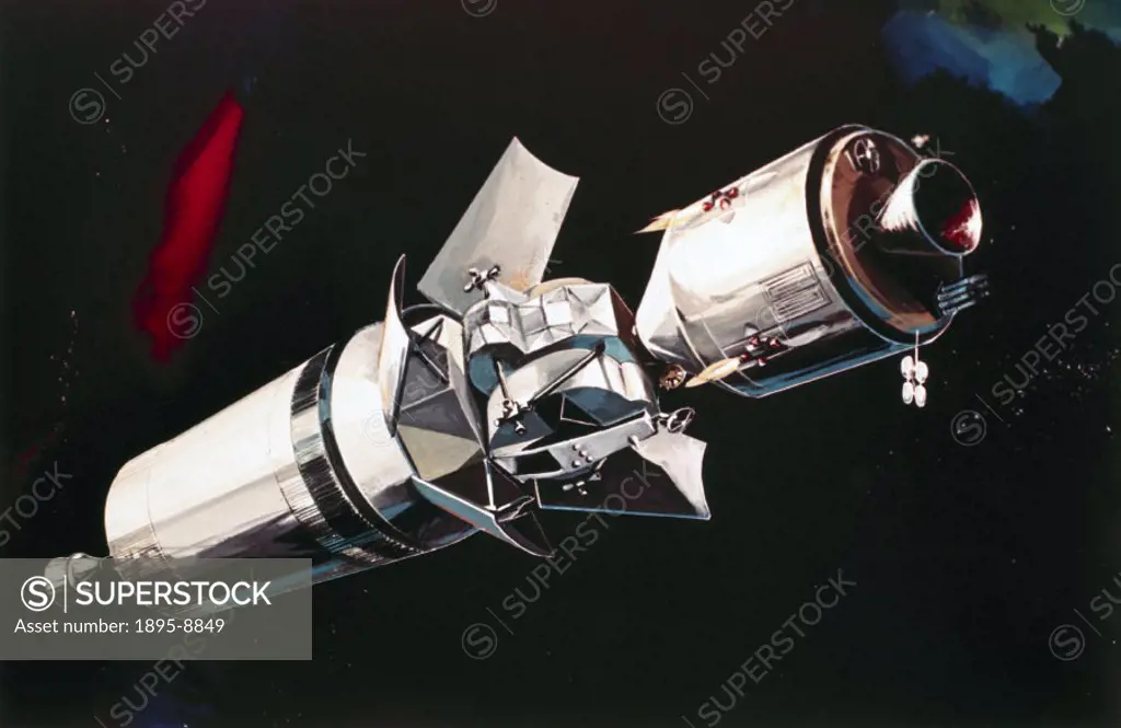 The Apollo Command and Service Module turns and docks with the Lunar Module still in the upper stages of the Saturn V rocket. This is one of a series ...