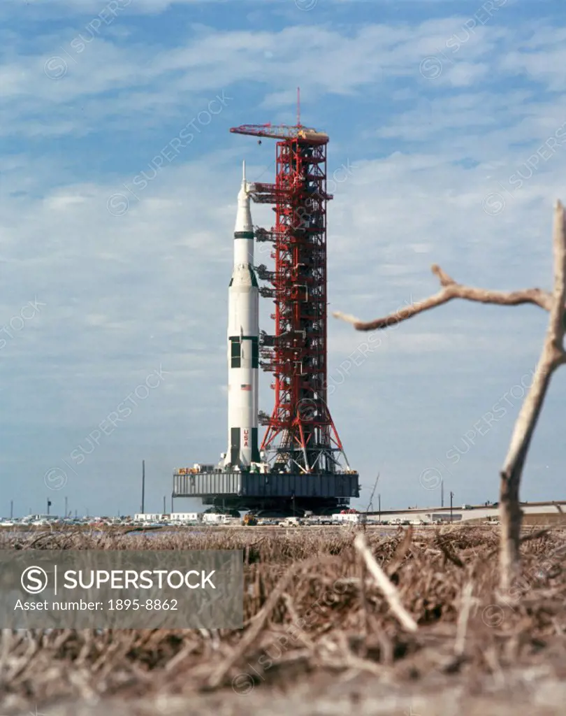 This rocket, shown here on its launch pad at the Kennedy Space Centre, Cape Canaveral, Florida, launched Apollo 9 on 3rd March 1969, carrying astronau...