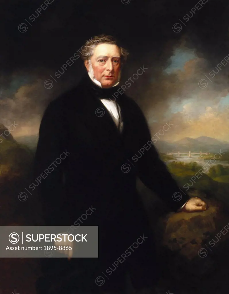 Oil on canvas portrait by John Lucas of Robert Stephenson (1803-1859), English engineer and the son of George Stephenson (1781-1848), whom he assisted...
