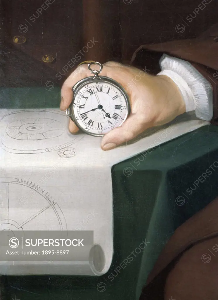 Detail of the watch and drawing from an oil painting by Thomas King of John Harrison (1693-1776) with the marine chronometer which he invented. Harris...