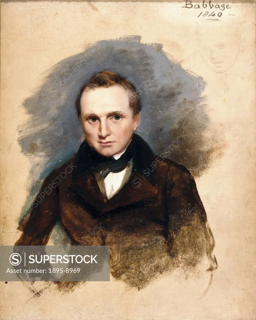 Oil painting on card by Alexander Craig. Charles Babbage (1792-1871) was a computer pioneer, inventor, reformer, mathematician, philosopher and politi...