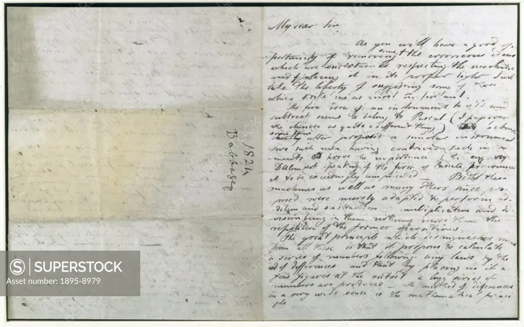 Letter from Charles Babbage (1791-1871), pioneer of machine computing, to Henry Colebrook mentioning Pascal’, possibly Blaise Pascal (1623-1662), inv...