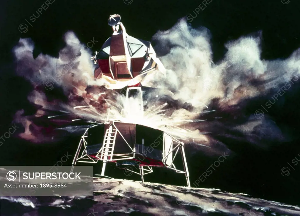 The ascent stage alone takes off from the Moon, using the descent stage as a launch platform. This is one of a series of drawings issued by NASA prior...