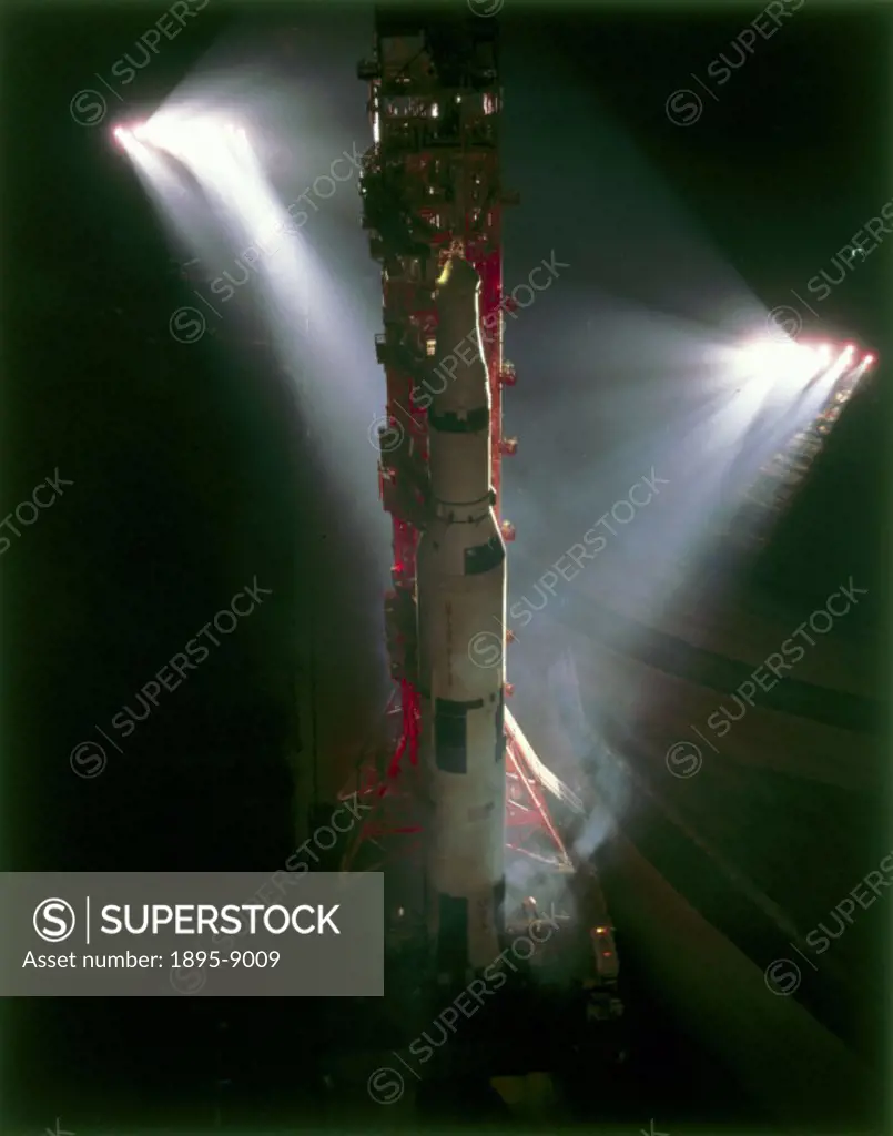 This spectacular picture shows a Saturn V rocket on its mobile launch platform at the Kennedy Space Centre, Cape Canaveral, Florida. The three-stage S...