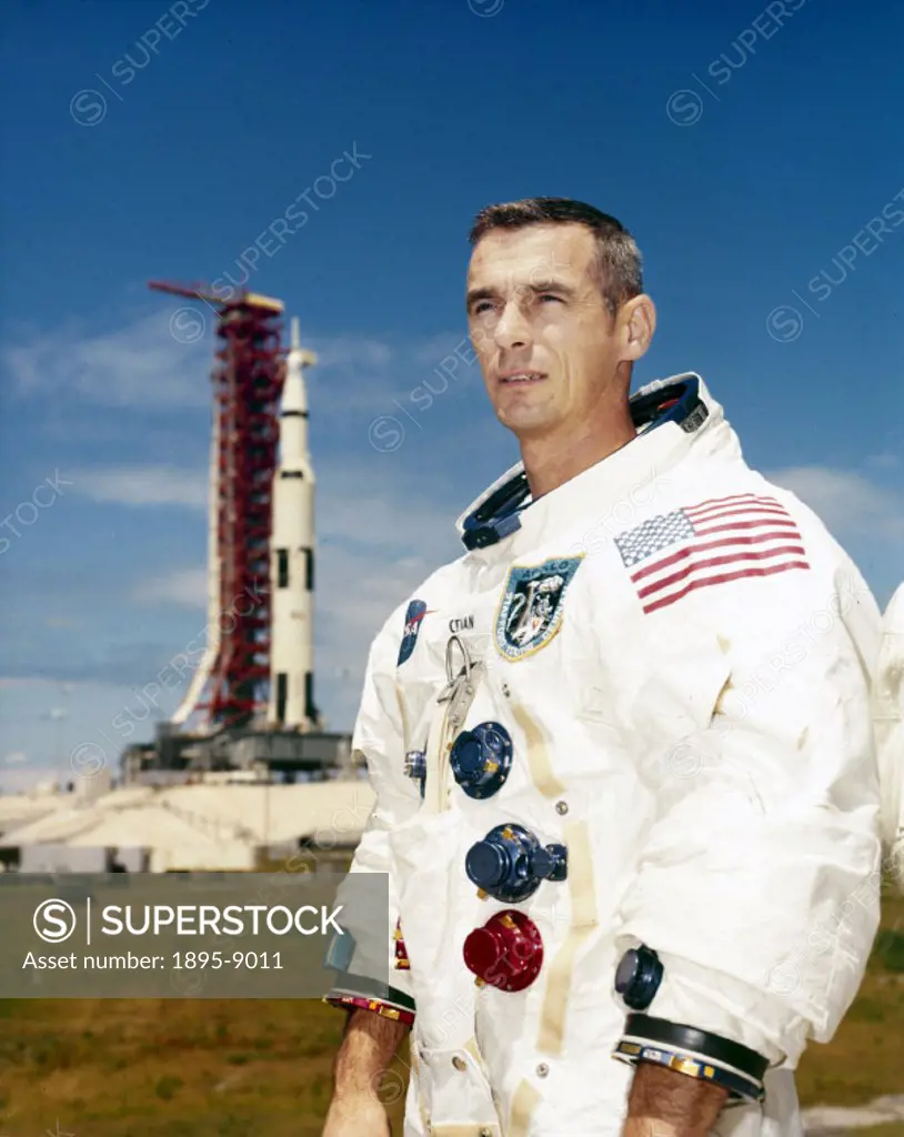Cernan is pictured in his spacesuit with a Saturn V rocket on the launch pad in the background. Cernan also flew on the Gemini 9 mission and on Apollo...